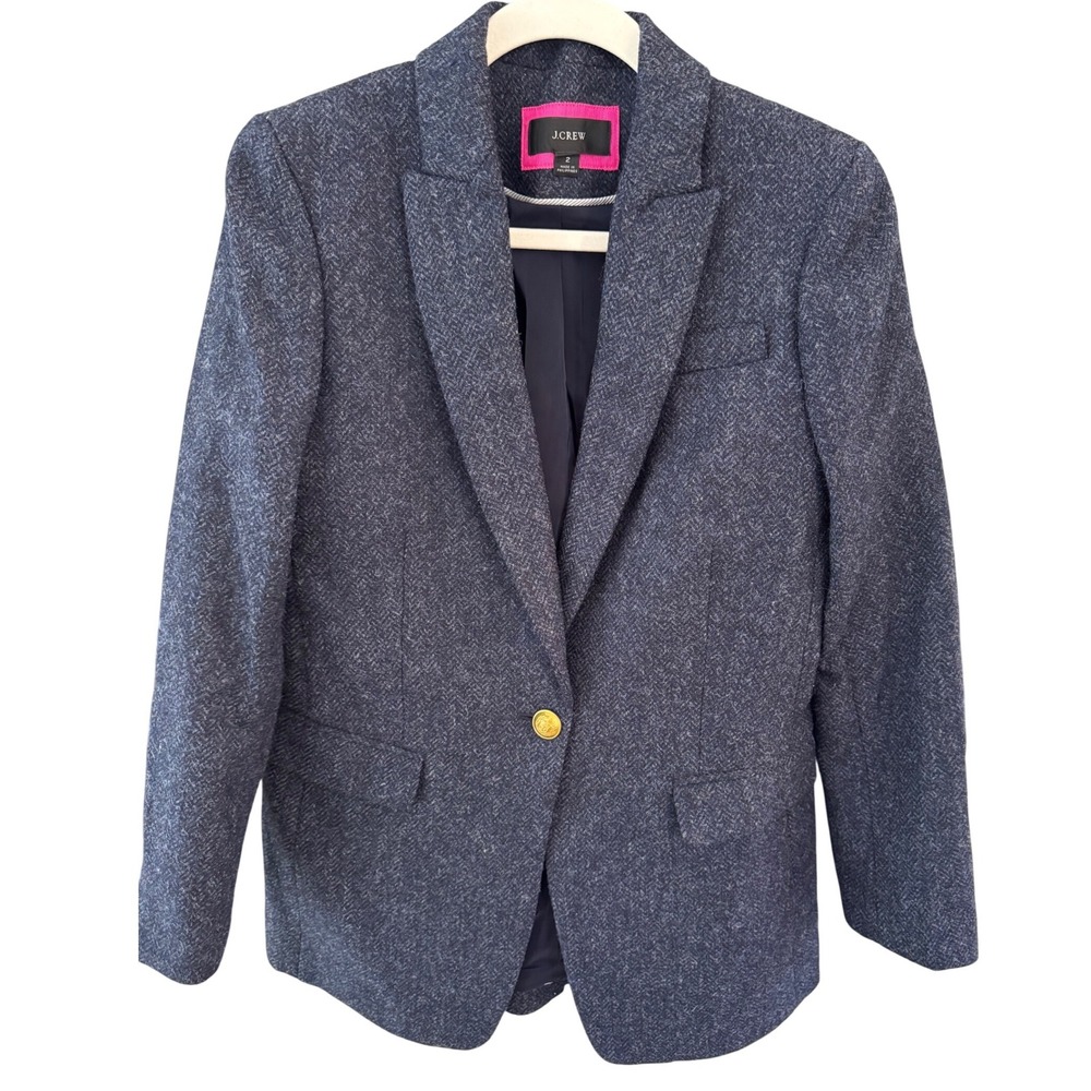 J.Crew Regent Blazer Moon British Wool Herringbone Navy Gold Button Sz 2 - Picture 2 of 9